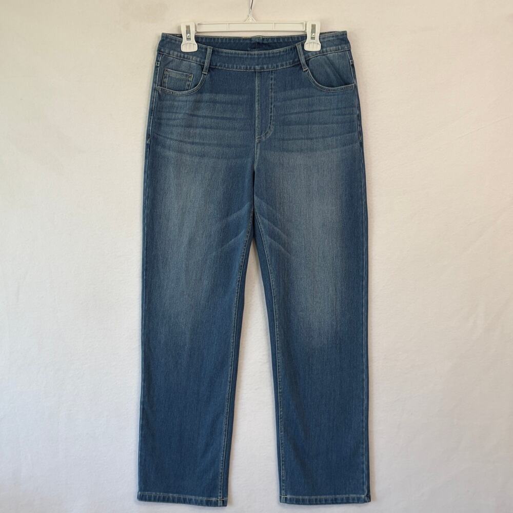 Halara Pull On Straight Leg Jeans Large Petite LP Comfort Soft Pockets NWOT